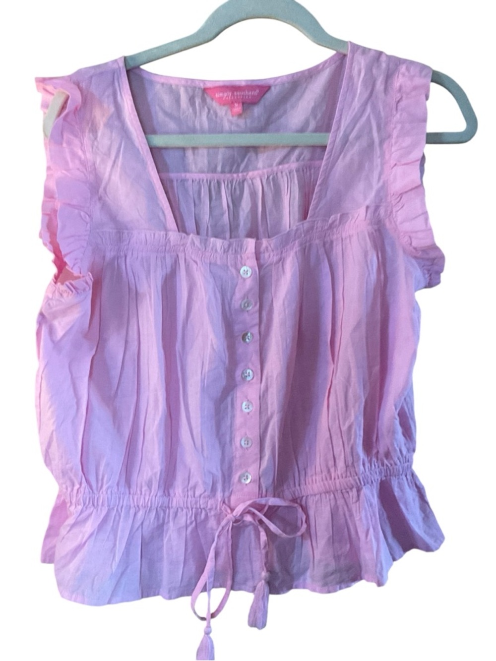 Simply Southern Pink Ruffle Sleeveless Peplum Top Tie Waist Size Small NWT